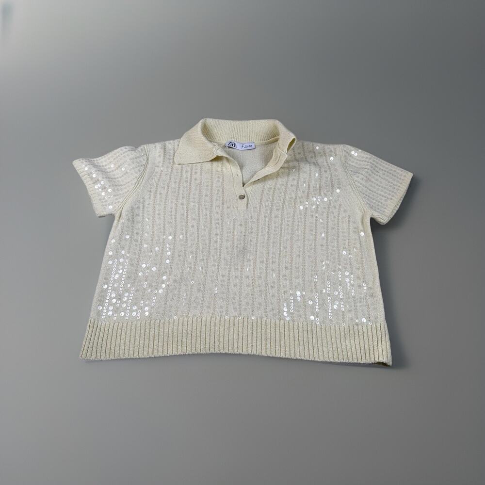 ZARA Light Yellow Knit Sequin Collared Short Sleeve Pullover Sweater Size L